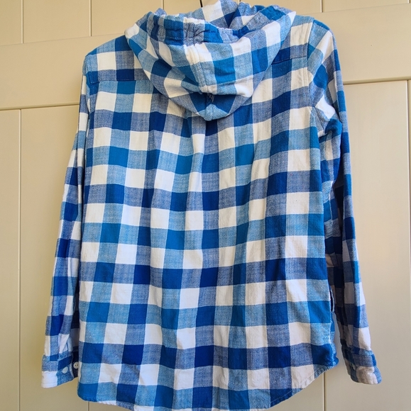 L.L Bean white and blue plaid textured twill button front hoodie - Picture 7 of 9